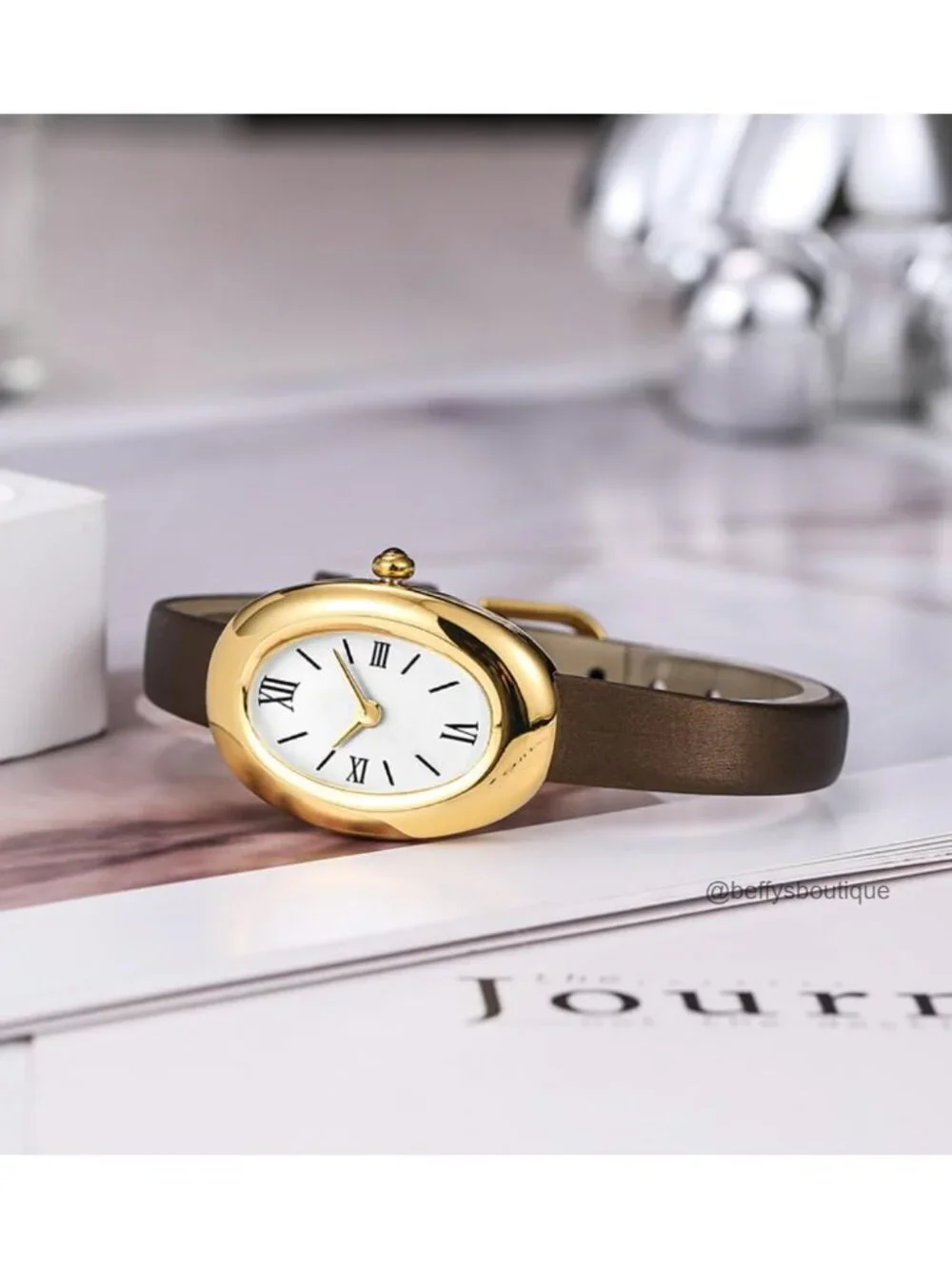 Elegant Oval Dial Bangle Watch for Women Quartz Gold-Tone Finish